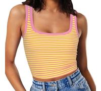 RIROW Damen Ärmelloses Tank Top Slim Fit Quadrat-Ausschnitt Geripptes Basic Oberteil L Gelb-Rosa Streifen