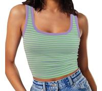 RIROW Damen Ärmelloses Tank Top Slim Fit Quadrat-Ausschnitt Geripptes Basic Oberteil XS Grün-Lila Gestreift