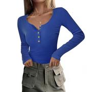 RIROW Damen Langarmshirt mit Knopfleiste Slim Fit Rippshirt U-Ausschnitt Oberteil Langarm Basic Tee Shirt Klein Blue XS
