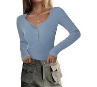 RIROW Damen Langarmshirt mit Knopfleiste Slim Fit Rippshirt U-Ausschnitt Oberteil Langarm Basic Tee Shirt Hellblau XS