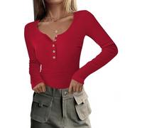 RIROW Damen Langarmshirt mit Knopfleiste Slim Fit Rippshirt U-Ausschnitt Oberteil Langarm Basic Tee Shirt Rot XS