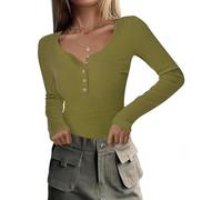 RIROW Damen Langarmshirt mit Knopfleiste Slim Fit Rippshirt U-Ausschnitt Oberteil Langarm Basic Tee Shirt Olivgrün XS