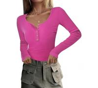 RIROW Damen Langarmshirt mit Knopfleiste Slim Fit Rippshirt U-Ausschnitt Oberteil Langarm Basic Tee Shirt Hellrosa XS