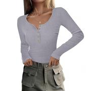 RIROW Damen Langarmshirt mit Knopfleiste Slim Fit Rippshirt U-Ausschnitt Oberteil Langarm Basic Tee Shirt Hellgrau XS