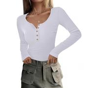 RIROW Damen Langarmshirt mit Knopfleiste Slim Fit Rippshirt U-Ausschnitt Oberteil Langarm Basic Tee Shirt Weiß XS