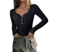RIROW Damen Langarmshirt mit Knopfleiste Slim Fit Rippshirt U-Ausschnitt Oberteil Langarm Basic Tee Shirt Schwarz XS