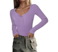 RIROW Damen Langarmshirt mit Knopfleiste Slim Fit Rippshirt U-Ausschnitt Oberteil Langarm Basic Tee Shirt Hellviolett XS