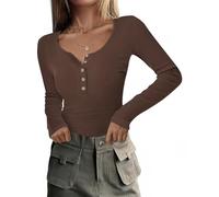 RIROW Damen Langarmshirt mit Knopfleiste Slim Fit Rippshirt U-Ausschnitt Oberteil Langarm Basic Tee Shirt Kaffee XS