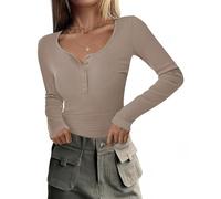 RIROW Damen Langarmshirt mit Knopfleiste Slim Fit Rippshirt U-Ausschnitt Oberteil Langarm Basic Tee Shirt Apricot XS
