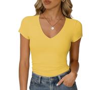RIROW Damen Sommer T-Shirt Basic V-Ausschnitt Kurzarm Rippstoff Figurbetont Slim Fit Atmungsaktiv Elegant Y2K Top Gelb, L