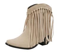 rismart Damen Cowboy Stiefeletten Gefranst Breites Kalb Klein Eckige Zehen Westlich Bootie Beige, 40 EU
