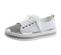rismart Damen Mode Sneaker Strasssteine Low-Top Schnürung Turnschuhe Gehen Plattform Trainer Weiß, 40 EU