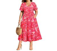 RITERA Kleid in Übergröße für kurvige Frauen, V-Ausschnitt, kurzärmelig, Maxikleid, Blumenmuster, gesmokt, Sommer, Strand, Party, Hochzeit, Böen, Größe XL - 5XL, Rosa Blume, 5X-Groß
