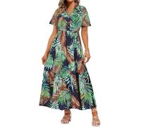 RITERA Kurzärmeliges Kleid für kurvige Frauen, Knopfleiste, Blumenmuster, fließend, Sommer, lässig, Maxikleider mit Taschen, Größe XL - 5XL, Hawaii-Blau mit Blumenmuster, X-Large Mehr