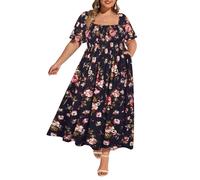 RITERA Maxikleid in Übergröße für kurvige Frauen, quadratischer Ausschnitt, kurze Ärmel, Sommer, Blumenmuster, gesmokt, Maxikleid mit Tasche, XL-5XL, Floral Black, 4X-Groß