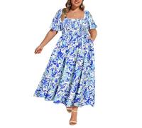 RITERA Maxikleid in Übergröße für kurvige Frauen, quadratischer Ausschnitt, kurze Ärmel, Sommer, Blumenmuster, gesmokt, Maxikleid mit Tasche, XL-5XL, Blumenblau, 3X-Groß