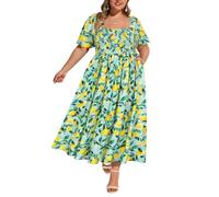 RITERA Maxikleid in Übergröße für kurvige Frauen, quadratischer Ausschnitt, kurze Ärmel, Sommer, Blumenmuster, gesmokt, Maxikleid mit Tasche, XL-5XL, Blumige Zitrone, 3X-Groß