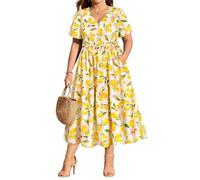 Ritera Maxikleid in Übergröße für kurvige Frauen, V-Ausschnitt, Blumenmuster, gesmokte Taille, kurzärmeliges Kleid mit Tasche, Größe XL - 5XL, Weiße Zitrone., X-Groß
