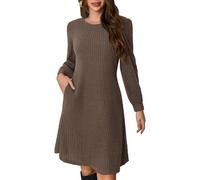 Ritiriko Leichtes Gestricktes Kleid für Damen Puff Langarm Winterkleid Knielange Lässige Pulloverkleid mit Taschen Braun 2XL