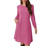 Ritiriko Womens Strickkleid mit Taschen Herbst Tunika Kleider Crew Nacken Langarm lässige Hochzeits Gastkleider Rosa XL