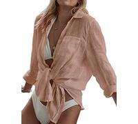 RITOSTA Damen Strandkleid Sommer Strandponcho Bikini Cover Up Bluse V-Ausschnitt Strand Bademode Sarong Pareo Sommerkleid Vertuschen Shirt Tunika Kleider(Rosa,XL)