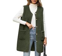 RITOSTA Teddy Fleece Weste Damen Lang Fleeceweste Herbst Winter Damenweste Warm Ärmellos Westen V-Ausschnitt Fellweste Leicht Lässig Plüschweste Knöpfen Teddyjacke Mit Taschen(Grün,L)