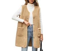 RITOSTA Teddy Fleece Weste Damen Lang Fleeceweste Herbst Winter Damenweste Warm Ärmellos Westen V-Ausschnitt Fellweste Leicht Lässig Plüschweste Knöpfen Teddyjacke Mit Taschen(Kaki,XL)