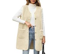 RITOSTA Teddy Fleece Weste Damen Lang Fleeceweste Herbst Winter Damenweste Warm Ärmellos Westen V-Ausschnitt Fellweste Leicht Lässig Plüschweste Knöpfen Teddyjacke Mit Taschen(Beige,M)