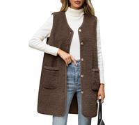 RITOSTA Teddy Fleece Weste Damen Lang Fleeceweste Herbst Winter Damenweste Warm Ärmellos Westen V-Ausschnitt Fellweste Leicht Lässig Plüschweste Knöpfen Teddyjacke Mit Taschen(Kaffee,M)