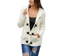 Rivccku Damen Strickjacke mit Knopfleiste vorne,Grobstrick Cardigan Lang Winter Strickmantel mit Kapuze Dicke Strickcardigan