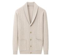 Rivccku Herren Strickjacke 100% Reines Kaschmir - Schalkragen Knopfleiste Zopfstrick Cardigan mit Taschen