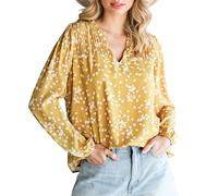 Rixiland Damen-Bluse, Blumenmuster, V-Ausschnitt, Boho-Blumenbluse, gesmokt, langärmelig, Chiffon-Hemden, Alicia, Blumendruck, Blusen, gesmokt, gelb, XX-Large