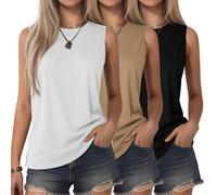 Riyiper 3er-Pack ärmellose Damen-Tops, Rundhalsausschnitt, lockere Passform, Tank-Tops, lässig, Sommer, Muskel-Shirts, Basic, solide, fließende T-Shirts, Schwarz, Weiß, Khaki, Groß