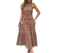 RIZ-ZOAWD Sommerkleid Damen Vintage Elegant Maxi Freizeitkleid Sexy Halfter Blumendruck Faltenkleid Cocktail Alltag Formale Party Strandkleid rust red S