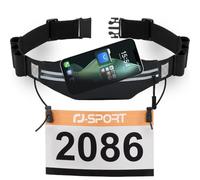 RJ-Sport Laufgürtel für Handy - wasserdichte Lauftasche, Sportgürtel Hüfttasche, Triathlon Startnummernband Laufgurt mit Bauchtasche & Verstellbarem Gummiband & Nummernhalter &6 Gel-Halter (Schwarz)