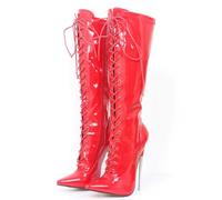 RJXGECUF High Heels 18 cm Kniestiefel Patent Leder Riemchen Metall Heel,Red-44