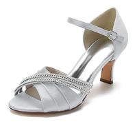 RJYAUEFR Damen Hohe Schuhe Hochzeits Sandaletten Mit Kätzchen Absatz Peep Toe Strass Brautschuhe,Silber,38 EU