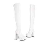 RJYAUEFR Overknee-Stiefel für Damen Plateau Stiefel Blockabsatz Langschaft Kniehohe Stiefel,Weiß,48 EU