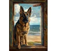 RKFLGEW 14CT Stickbilder Erwachsene Deutscher Schäferhund Tier Kreuzstichset Das Meer Und Der Hund Vorgedruckter Stoff Kreuzstich Diy Kunst Handarbeiten Sticksets Für Erwachsene Anfänger 30x40cm