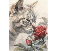 RKFLGEW 14CT Stickbilder Erwachsene Katze Und Rote Rosenblume，Vorgedruckter Stoff，Kreuzstich，Diy-Kunst，Nadelarbeiten，Sticksets Für Erwachsene Und Anfänger 30x40CM