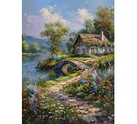RKFLGEW Diy Perlenstickerei Set Waterside Cottage Perlenstickerei Kit Waldlandschaft Nadelspitze Gobelin Set Perlenstickerei Nadelarbeit Set Perlen Kreuzstich Set 30x40cm