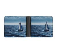 RKJVB Klassische Slimfold Geldbörse für Damen Blau Meer Segelboot Bifold Kreditkartenetui Brieftasche für Herren Leder Geldbörse mit Ausweisfenster und mehreren Kartenfächern Mini Wallet Blue Sea