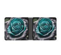 RKJVB Klassische Slimfold Geldbörse für Damen, blaugrün, grau, Rose, Blume, Bifold Kreditkartenhalter, Geldbörse für Herren, Ledergeldbörse mit Ausweisfenster und mehreren Kartenfächern,