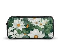 Rkklvbns Großes Federmäppchen mit grünen Blättern und weißen Blumen, tragbares Federmäppchen mit Reißverschluss, Schreibwaren-Organizer, einfache Aufbewahrung, ästhetische Schreibwaren für Büro, Uni