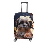 RLDOBOFE Reisegepäckhülle mit Hund und Blumen, kratzfest, waschbar, elastisch, Gepäckabdeckung, weiß, S, Stilvoll
