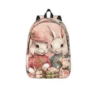 RLDOBOFE Rucksack für Damen und Herren, leicht, lässig, Reisen, Tagesrucksack, Kaninchen, sitzend auf Rose, Leinen, Laptop-Rucksack, niedliche Arbeitstasche, Schwarz, S