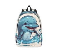 RLDOBOFE Rucksack für Damen und Herren, leicht, lässig, Reisen, Tagesrucksack, Motiv: Happy Delphin, Cartoon, Leinen, Laptop-Rucksack, niedliche Arbeitstasche, Schwarz, S