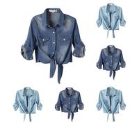 RLEHJN 3/4 Ärmel Jeansjacke Damen Kurz Stretch Blouson Jacke Damen Übergangsjacke Button Down Crop Jean Top Jeanshemd Jeansjacken Damen Herbst Winter Lässige Knoten Krawatte Kurze Herbst-Damenjacken