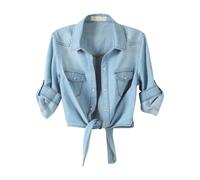 RLEHJN 3/4 Ärmel Jeansjacke Damen Kurz Stretch Blouson Jacke Damen Übergangsjacke Button Down Crop Jean Top Jeanshemd Jeansjacken Damen Herbst Winter Lässige Knoten Krawatte Kurze Herbst-Damenjacken
