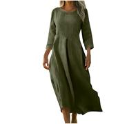RLEHJN 3/4 Arm Leinenkleider Damen,Sommer Kleid Lang Sommerkleider Leicht Und Luftig Kleid Baumwolle Leinen Strandkleid Lockere Maxikleid mit Tasche Sommerkleid Damen Große Größen Damenkleider
